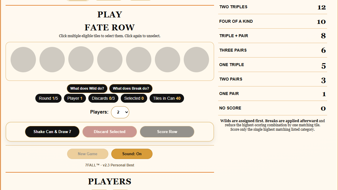 7FALL browser game with tile row, controls and scoring guide